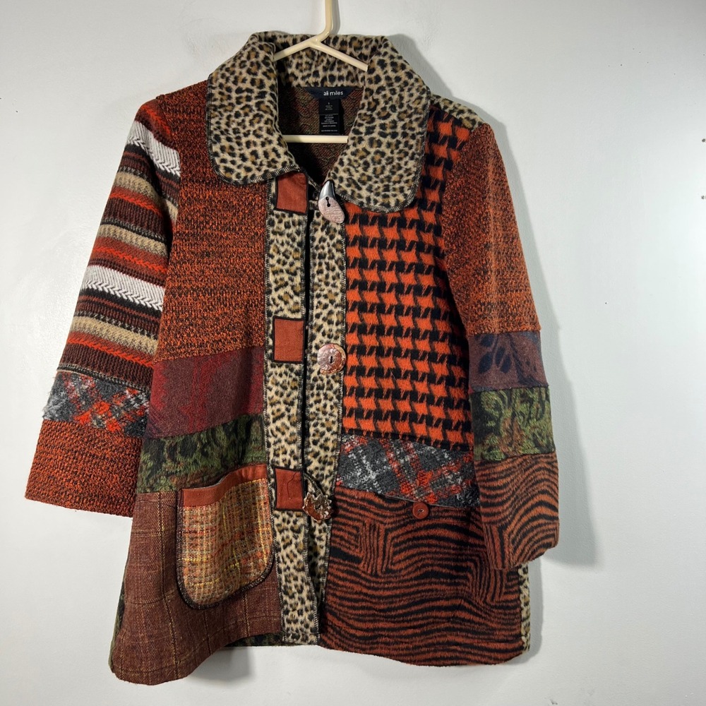 Ali Miles Lagenlook Wool Blend Multipatch/Fabric Knit Sweater Jacket S